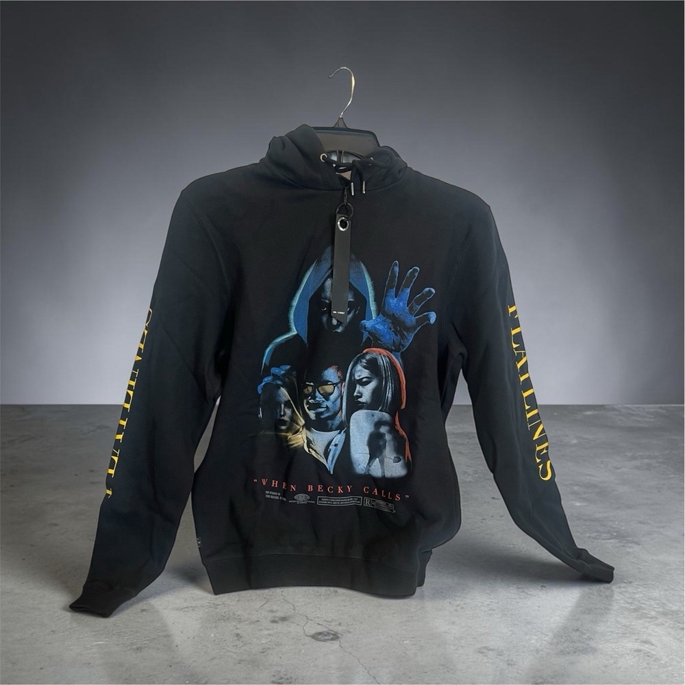 10.Deep Flatlines Graphic Pullover Hoodie Black Men's Medium Cotton